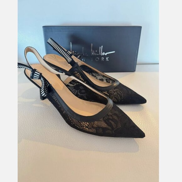 NEW NICOLE MILLER BOBOS BLACK LACE PUMPS HEELS SHOES W BOW 10 - Picture 1 of 4